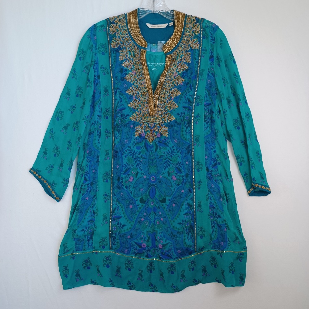 Soft Surroundings Teal Silk Blend Beaded Tunic Top Blue Paisley Boho Womens Sm - Picture 2 of 11